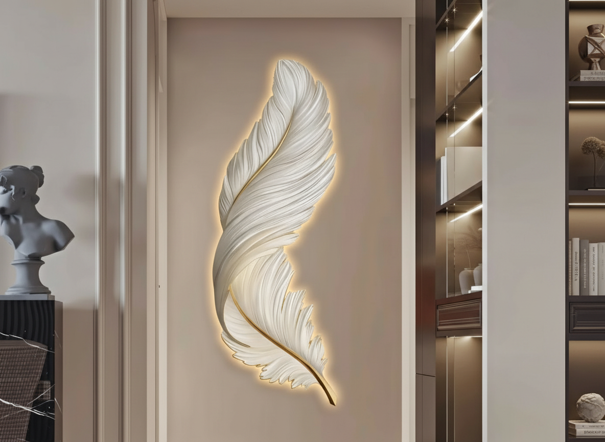 Luminous Feather Wall Sculpture – LED Glow Edition Height: 33 Inches Width: 1.5 Feet