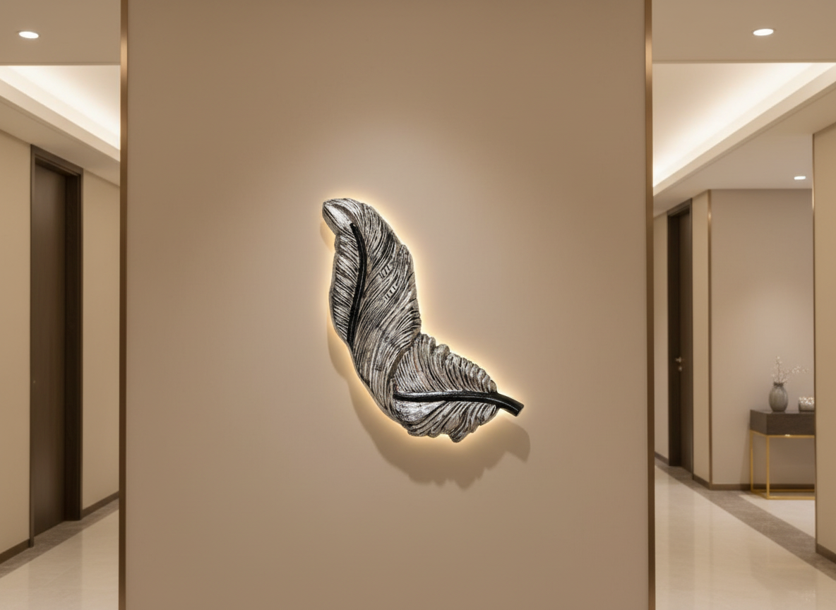 Luminous Silver-Grey Feather Wall Art – LED Glow Edition Height: 33 Inches Width: 1.5 Feet