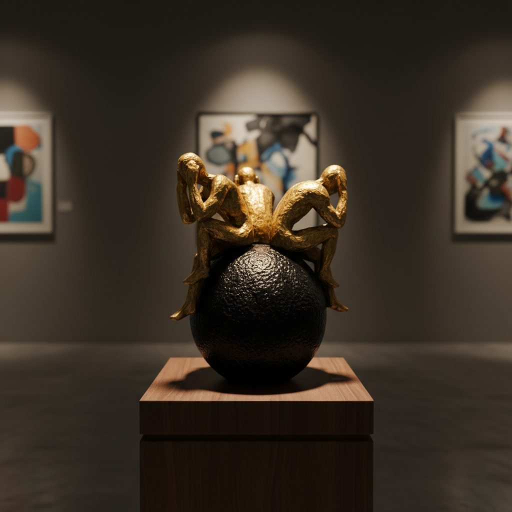 No Bad Talk, No Bad Hear, No Bad See Edition” “Golden Silence Sphere Sculpture – Height: 1 Feet | Width: 10 Inches