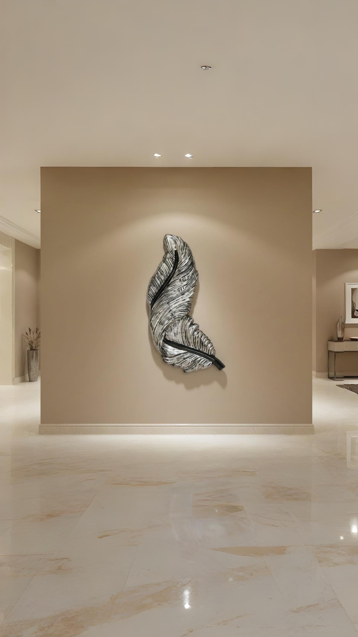 Luminous Silver-Grey Feather Wall Art – LED Glow Edition Height: 33 Inches Width: 1.5 Feet