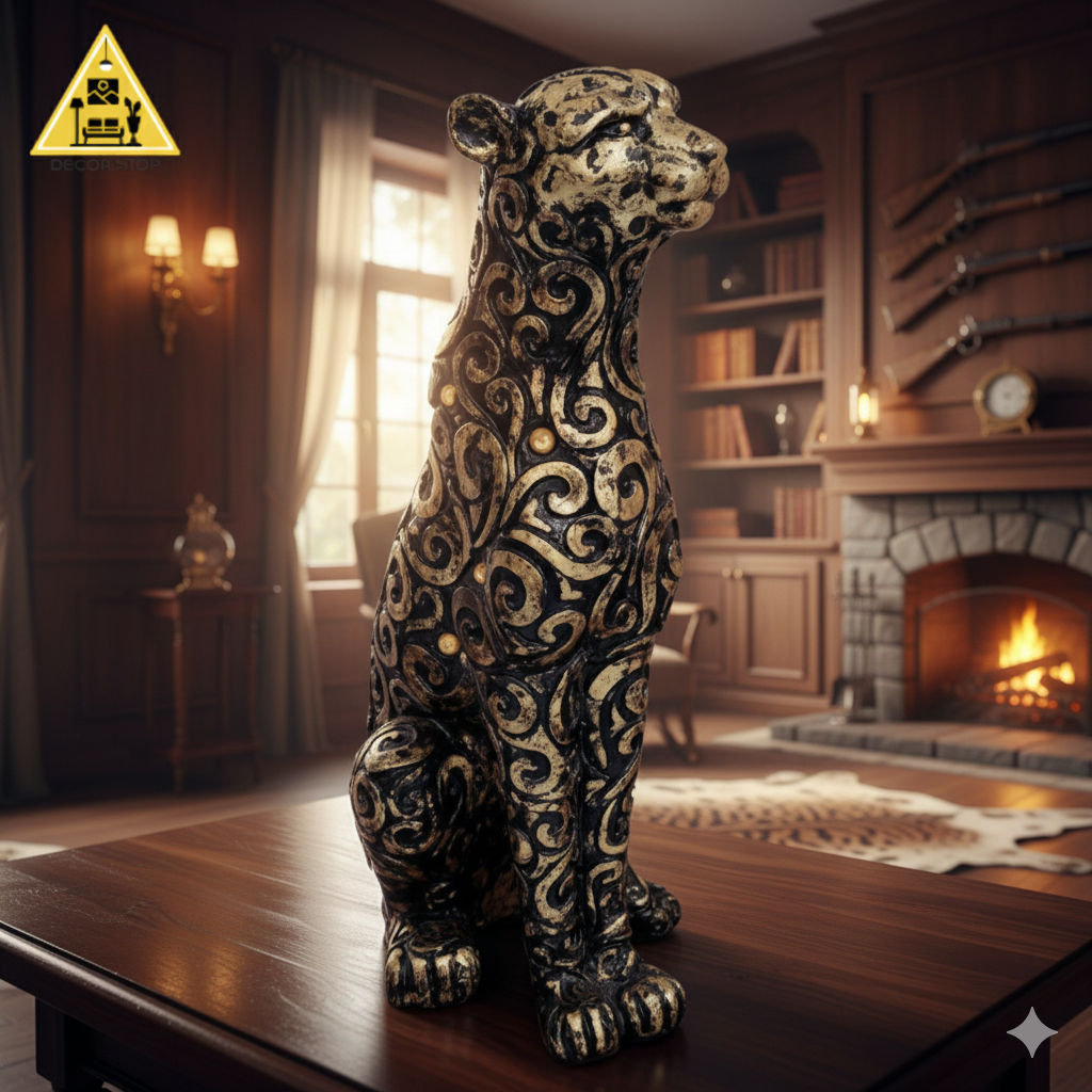 Majestic Sitting Tiger Sculpture – Golden Noir Edition | Height: 1 Feets (12 Inches)**