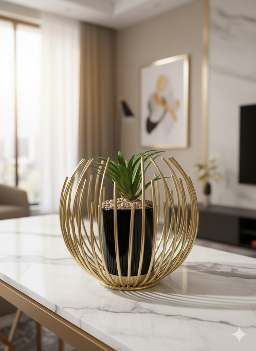 Golden Orbit Crown Plant Stand – 10 Inch Height | Luxury Metal Table Décor