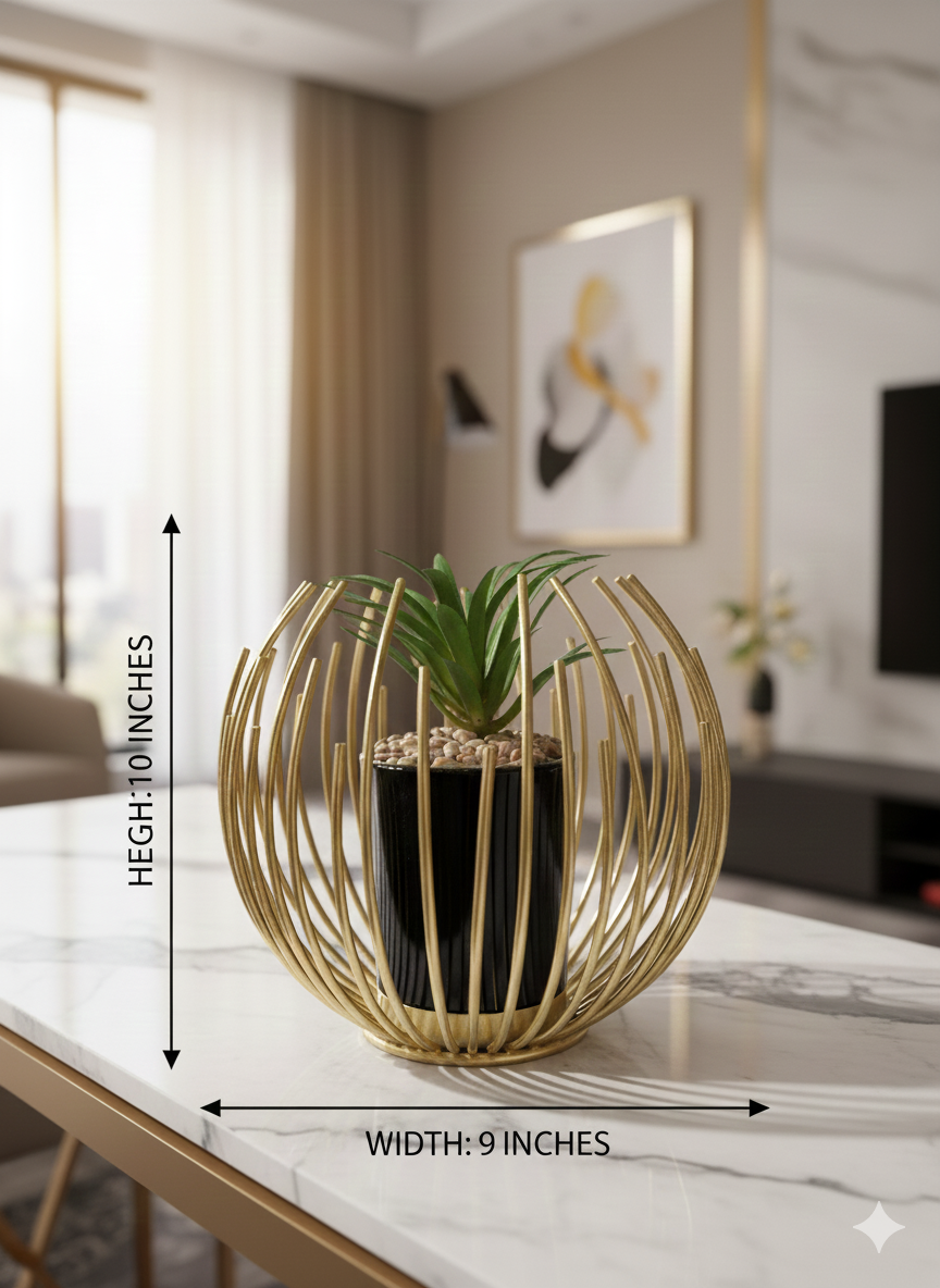Golden Orbit Crown Plant Stand – 10 Inch Height | Luxury Metal Table Décor