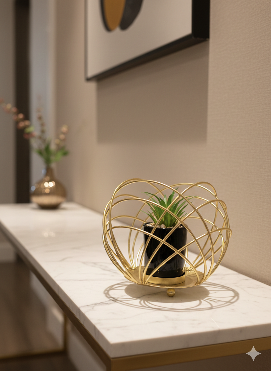 Golden Orbit Sphere Plant Stand | Luxury Metal Table Décor