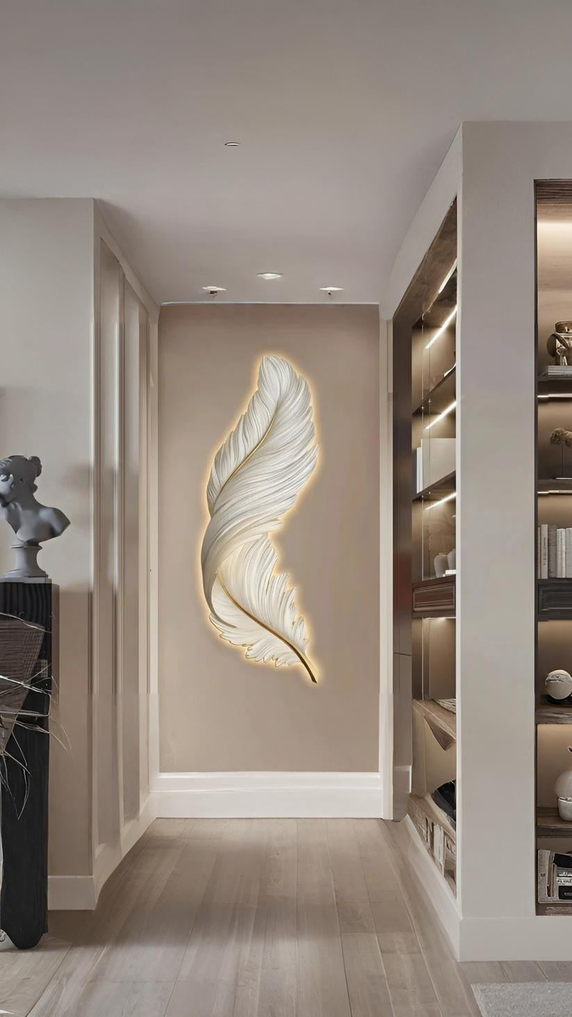 Luminous Feather Wall Sculpture – LED Glow Edition Height: 33 Inches Width: 1.5 Feet