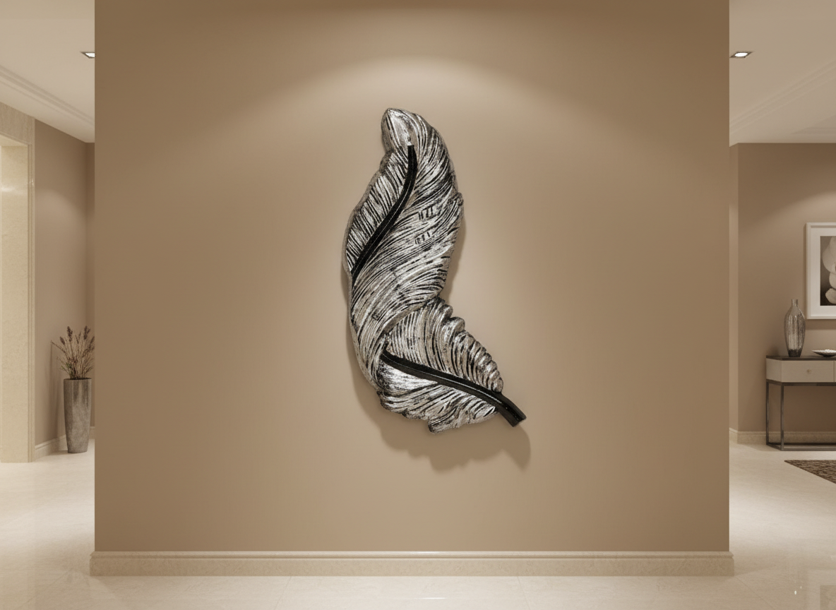 Classic Silver-Grey Feather Wall Sculpture – Non-Light Edition  Height: 33 Inches Width: 1.5 Feet