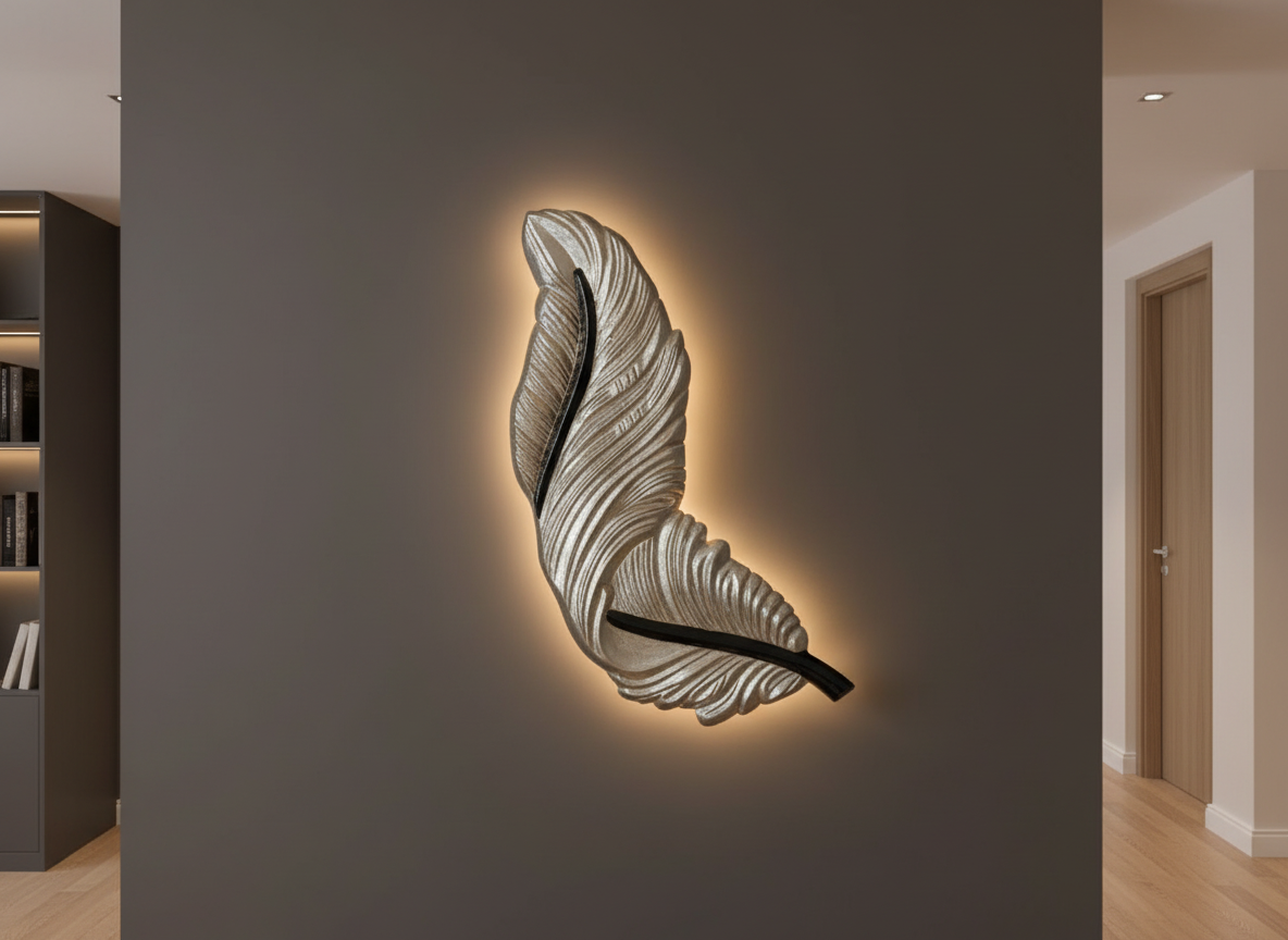 Luminous Golden Feather Wall Sculpture – LED Aura Edition  Height: 33 Inches Width: 1.5 Feet