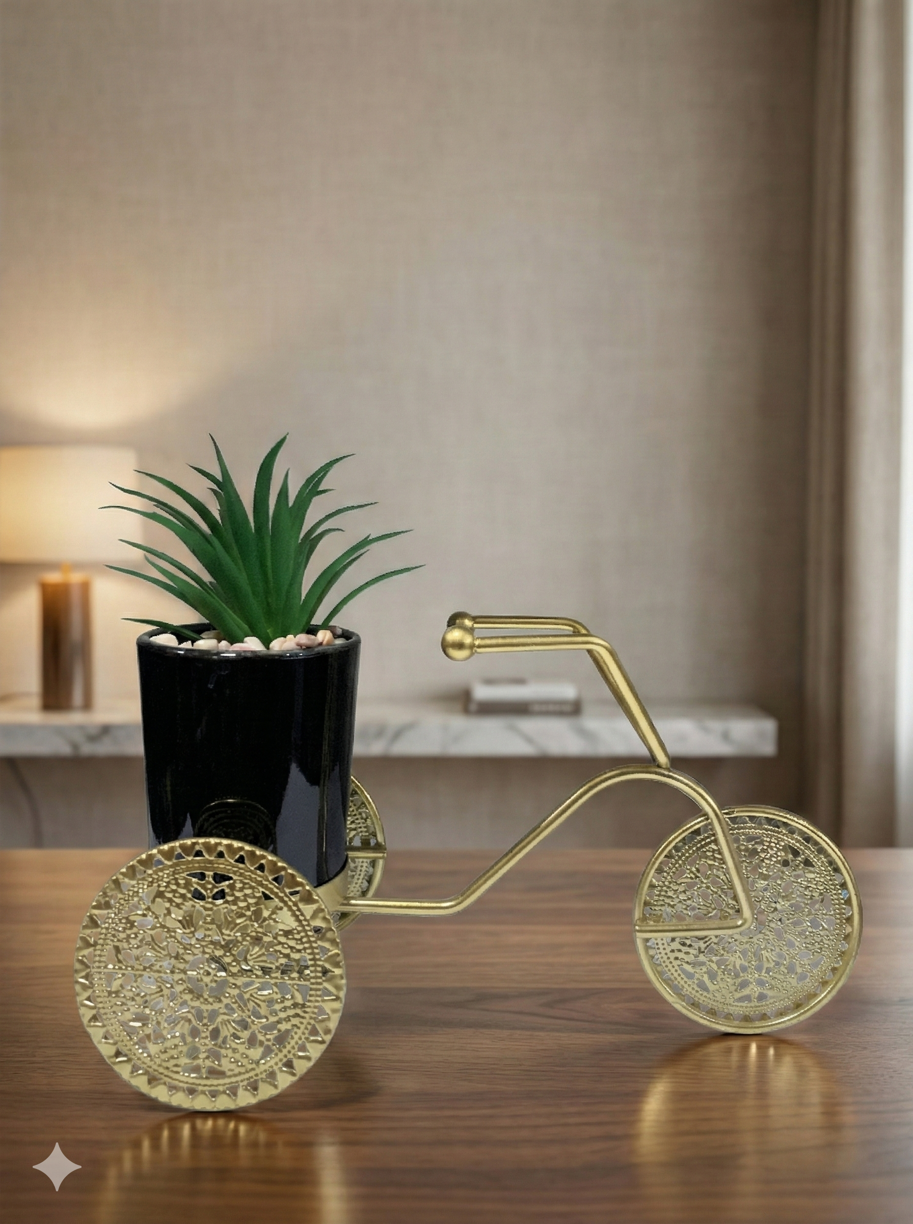 Royal Gold Tricycle Planter – Decorative Metal Flower Stand | 12-inch