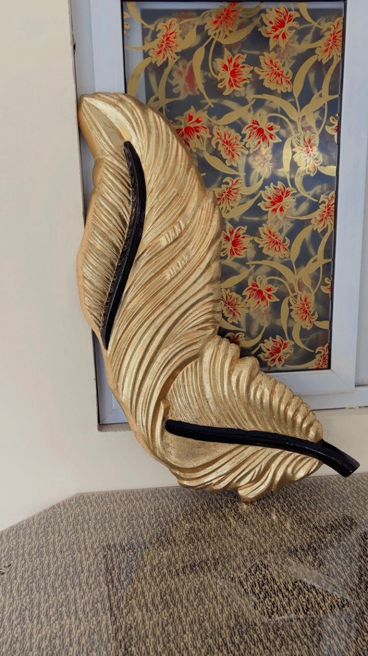 Luminous Golden Feather Wall Sculpture – LED Aura Edition  Height: 33 Inches Width: 1.5 Feet