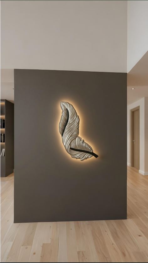 Luminous Golden Feather Wall Sculpture – LED Aura Edition  Height: 33 Inches Width: 1.5 Feet